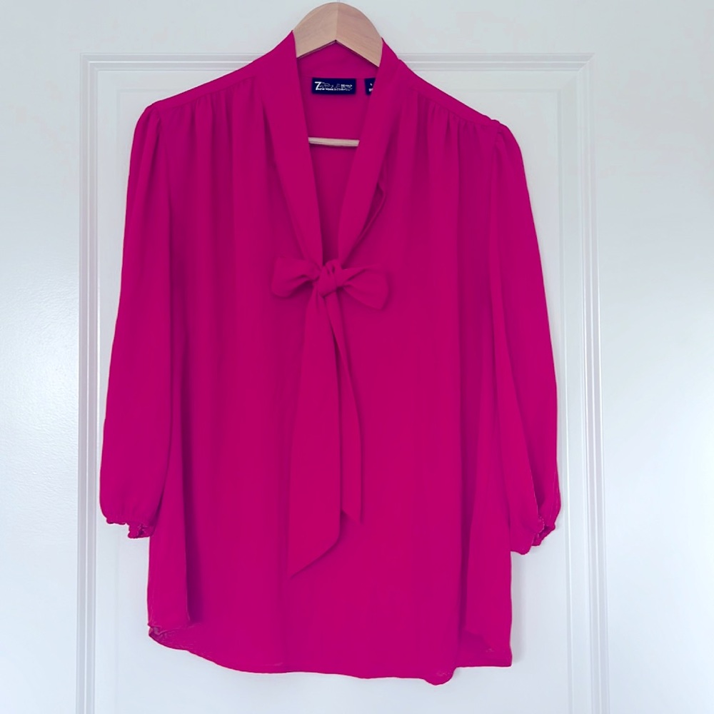 New York and Company Pink V Neck Blouse with tie